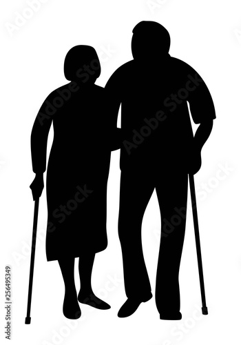 Elderly couple holding hands walking in the park silhouette. Grandfather and grandmother stand together leaning on a cane. Vector illustration.