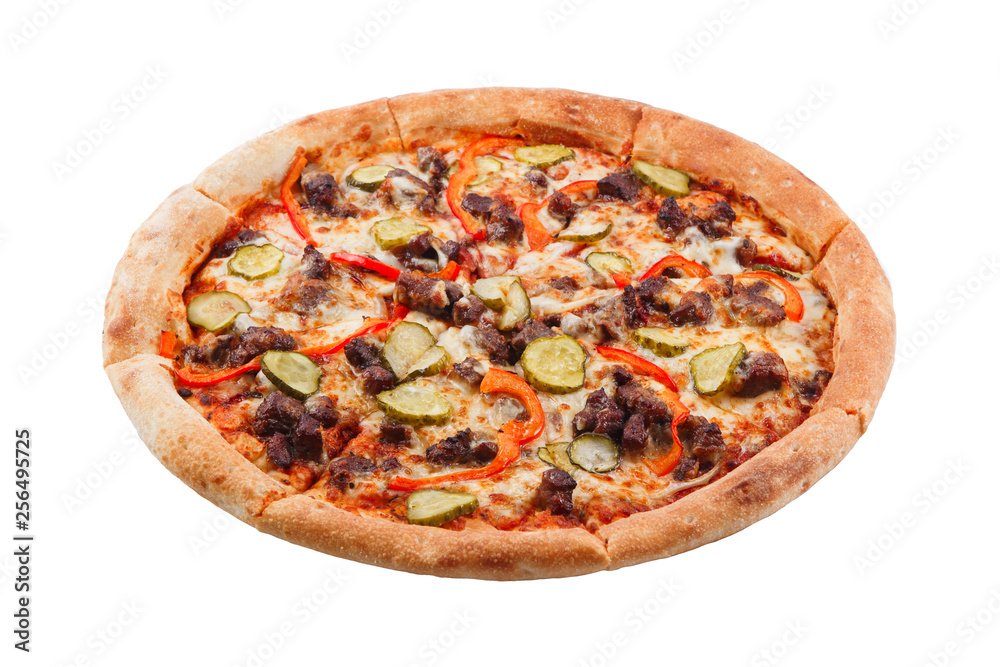 Tradition Mexican pizza with pepper, beef and pickles