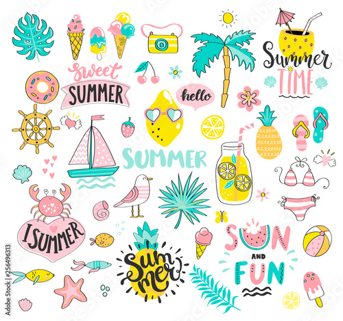 Big Summer set of sun and fun hand drawn elements such as boat,sun,drinks and fish,crab,palm,fruits, tropical leaves. Perfect for web,card,poster and cover,tag,invitation,sticker.Vector illustration.