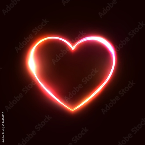 Red neon heart background. 3d realistic design for business financial marketing concept. Night club or bar sign. Electric heart shape frame on dark red backdrop. Technology glowing vector illustration