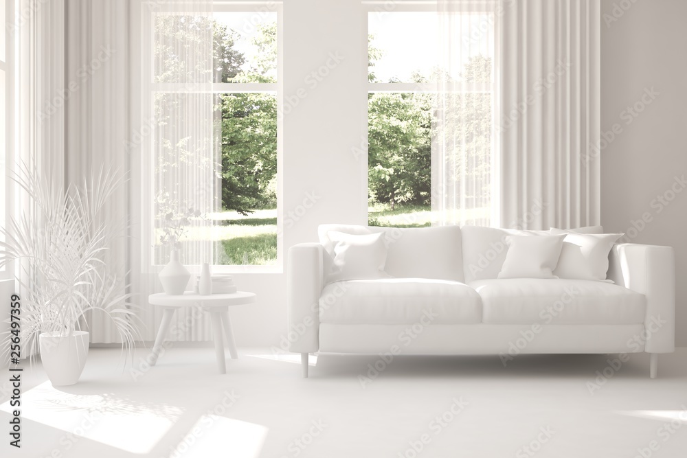 Stylish room in white color with sofa and green landscape in window. Scandinavian interior design. 3D illustration