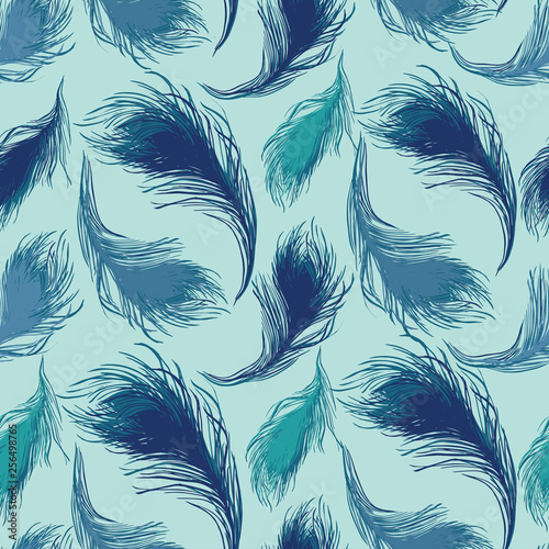 Soft feathers in coastal colors create this seamless vector repeat pattern.  Beautiful and elegant for invitations, beach weddings, save the date cards, decor, textiles and spring or summer fashion.
