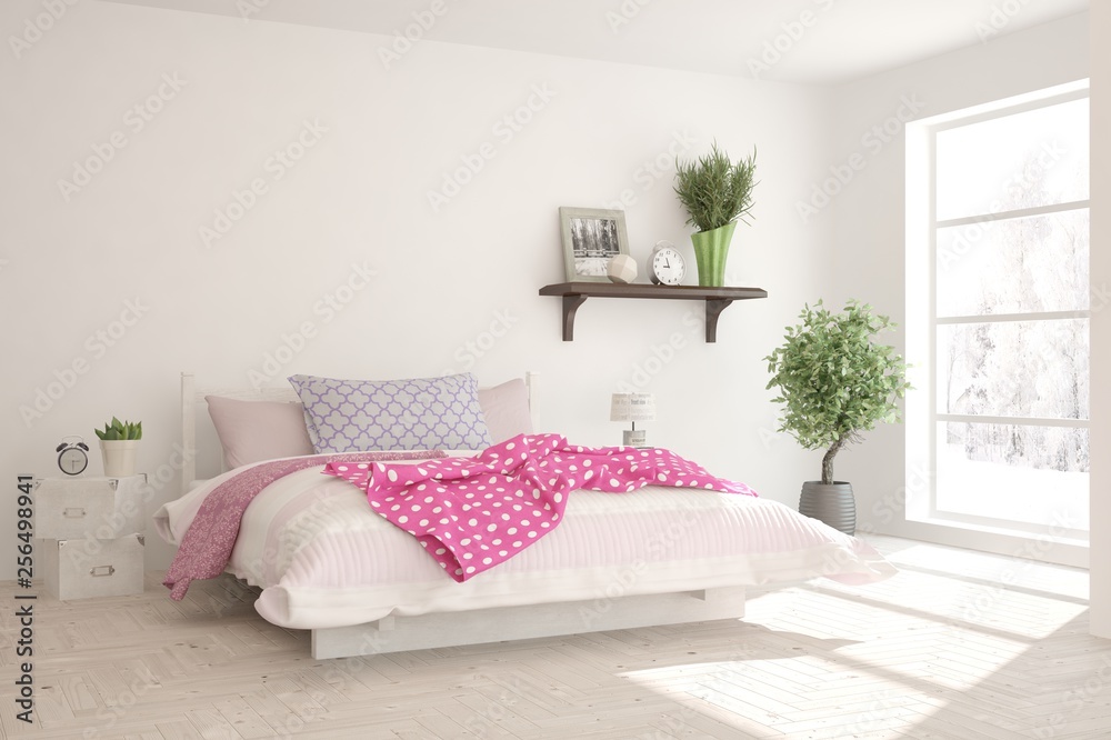 Obraz premium White stylish minimalist bedroom. Scandinavian interior design. 3D illustration
