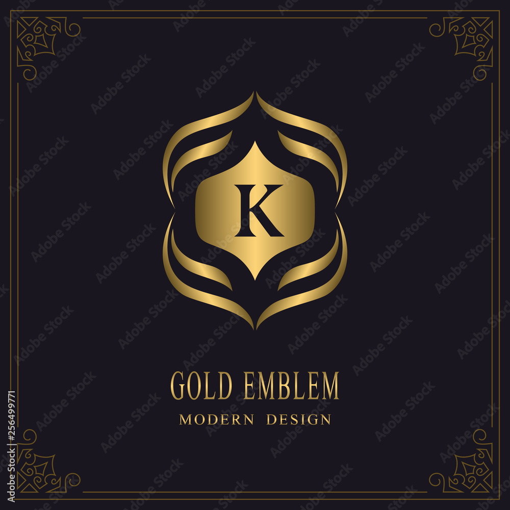 Gold Monogram. Letter K. Graceful Emblem Template. Simple Logo Design for Luxury Crest, Royalty, Business Card, Boutique, Hotel, Heraldic, Restaurant. Calligraphic Vintage Border. Vector illustration Gold Monogram. Letter K. Graceful Emblem Template. Simple Logo Design for Luxury Crest, Royalty, Business Card, Boutique, Hotel, Heraldic, Restaurant. Calligraphic Vintage Border. Vector illustration