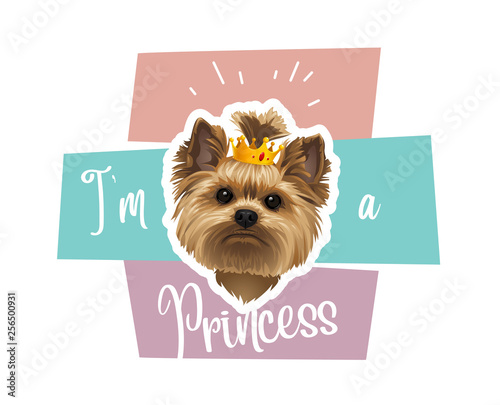vector illustration of banner with cute funny dog in the crown and phrase Im a princess