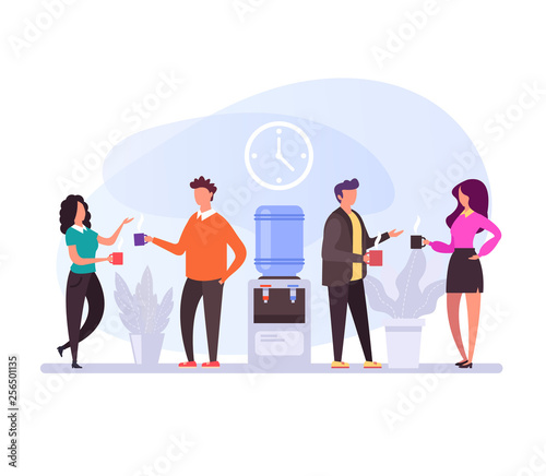 Business people characters having coffee break time lunch. Office life concept. Vector flat design graphic cartoon isolated illustration photo