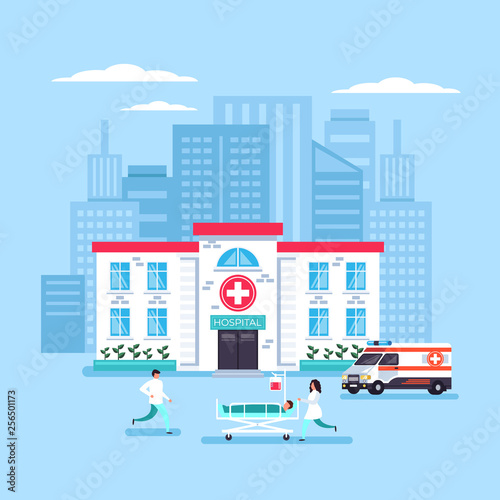 Doctors hospitalize illness patient man character. Accident medicine aid help concept. Vector flat design graphic cartoon isolated illustration © PrettyVectors