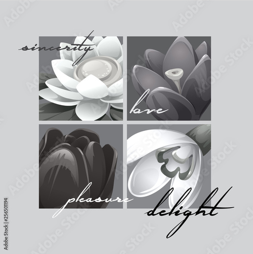 vector illustration of flowers with romantic words in vintage style