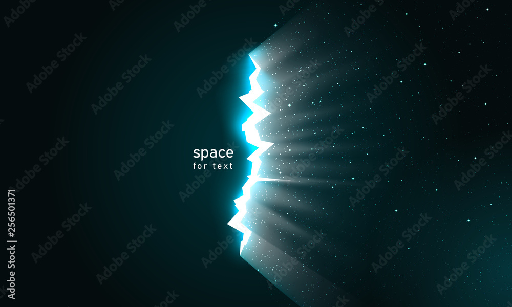 Light and stars in space from cracks surface. Dark broken wall glow portal space. Dark universe with crack continuum for impressive design. Vector illustration, background for text Stock Vector