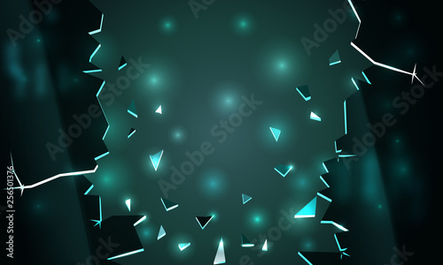 Broken glass dark blue background. Broken wall, scattering fragments, falling panel. Drop down glass window. Background destruction