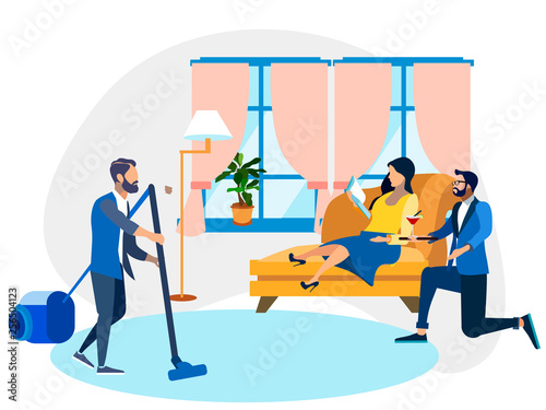 Men serve the woman. In minimalist style Cartoon flat Vector