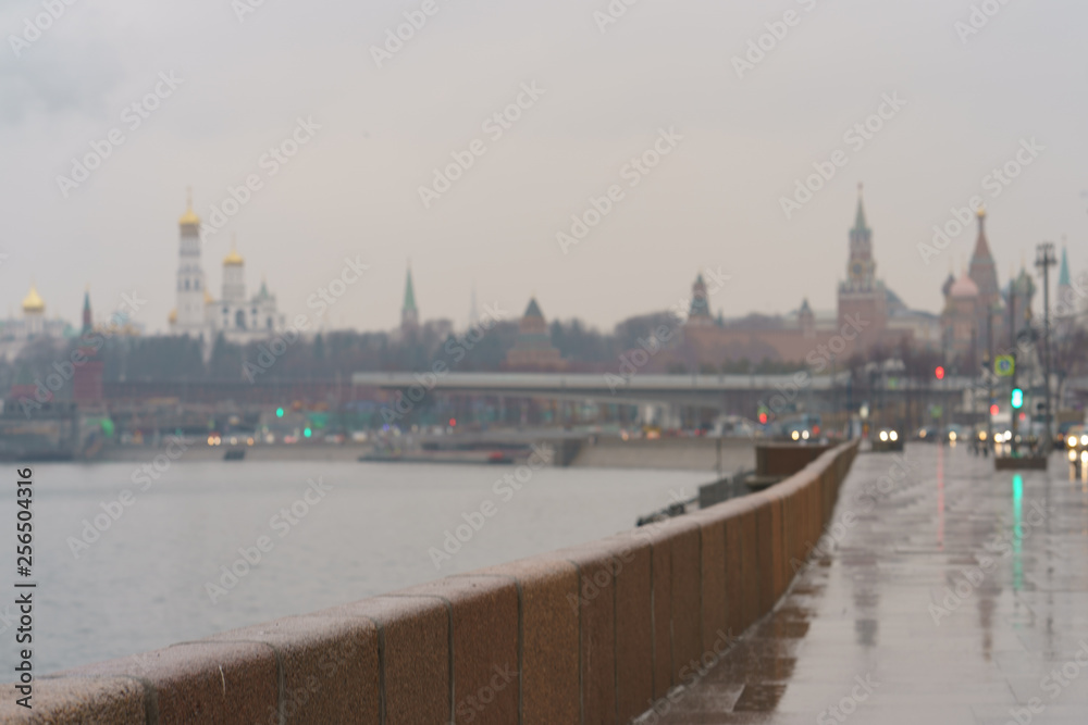 Defocused image of Moscow Kremlin, Ivan the Great Belltower, and Spasskaya tower image at rainy spring day