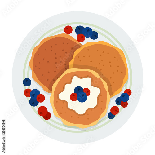 Three pancakes with berries on a plate vector icon flat isolated