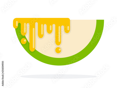 A drop of honey on a piece of a green apple flat isolated
