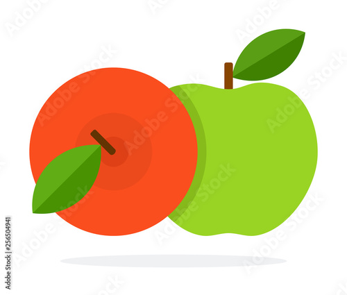 Red and green apples with a stem and leaves flat isolated