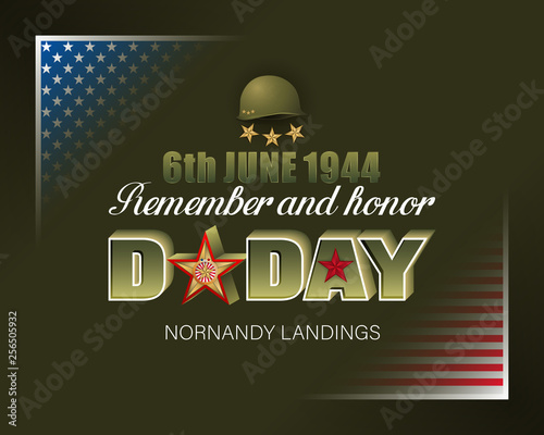 Holiday design, background with 3d texts, army helmet and national flag colors for D-Day American event, celebration; Vector illustration