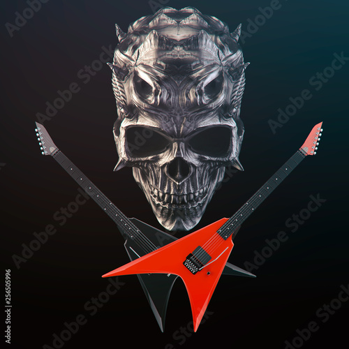 Heavy Metal - Demon skull, black and red crossed guitars photo