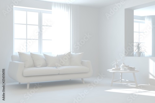 Stylish minimalist room with sofa in white color. Scandinavian interior design. 3D illustration