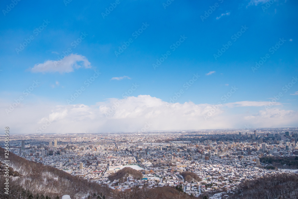 Top view of snow capped city and blue sky.