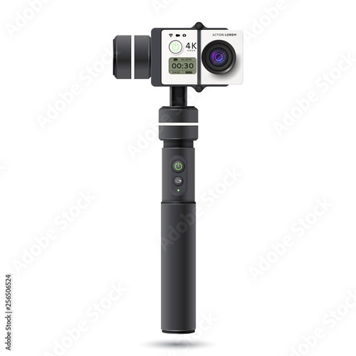 Handheld stabilizer with action camera. Vector illustration with realistic action extreme camera on selfie stick.