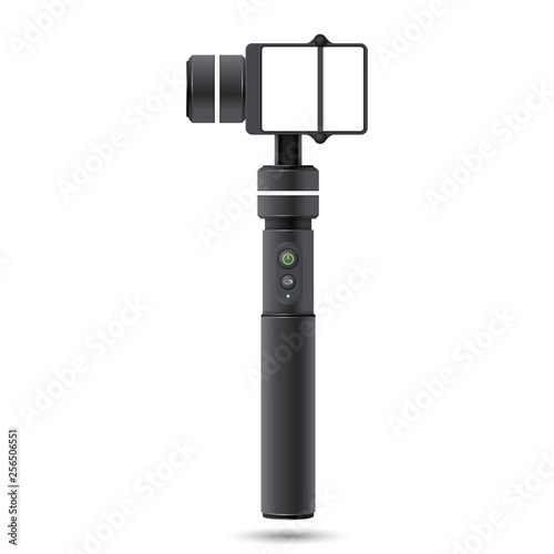 Vector template of handheld stabilizer for action camera. Vector illustration with realistic selfie stick for action extreme camera.