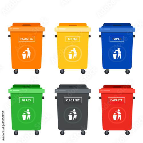 Colored tanks on wheels for sorting garbage vector flat isolated