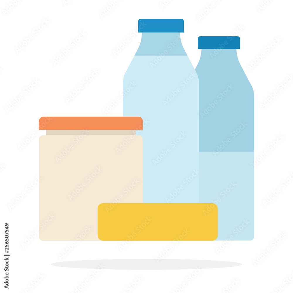 Milk bottles, Bank of sour cream and butter flat isolated Milk bottles, Bank of sour cream and butter flat isolated