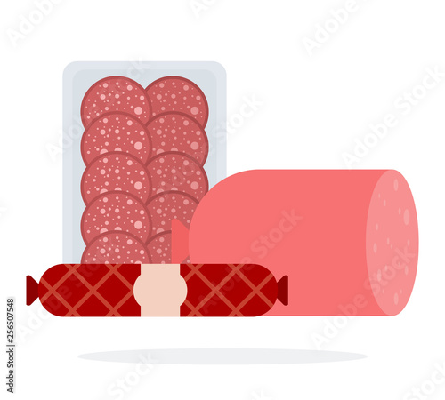 Slices of Salami in the package, the stick of smoked sausage and cooked sausage flat isolated