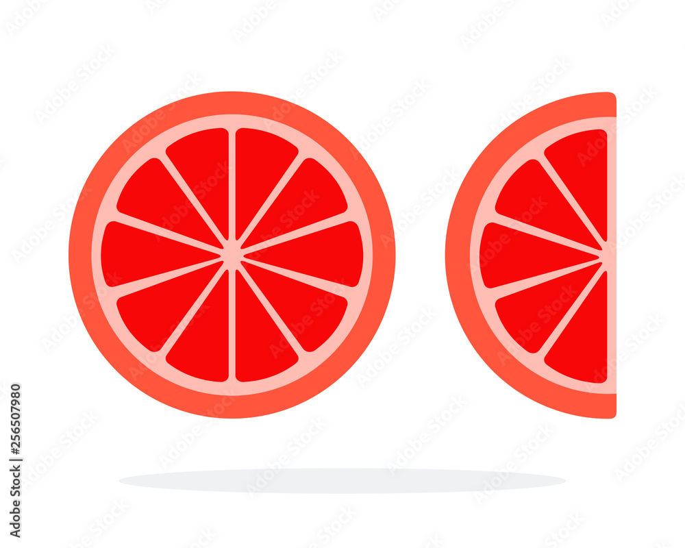 A round grapefruit slice and a grapefruit wedge flat isolated A round grapefruit slice and a grapefruit wedge flat isolated