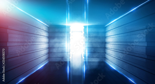 Background of empty room, lamps, neon light, smoke, fog. Neon Light Tunnel, Space Portal © MiaStendal