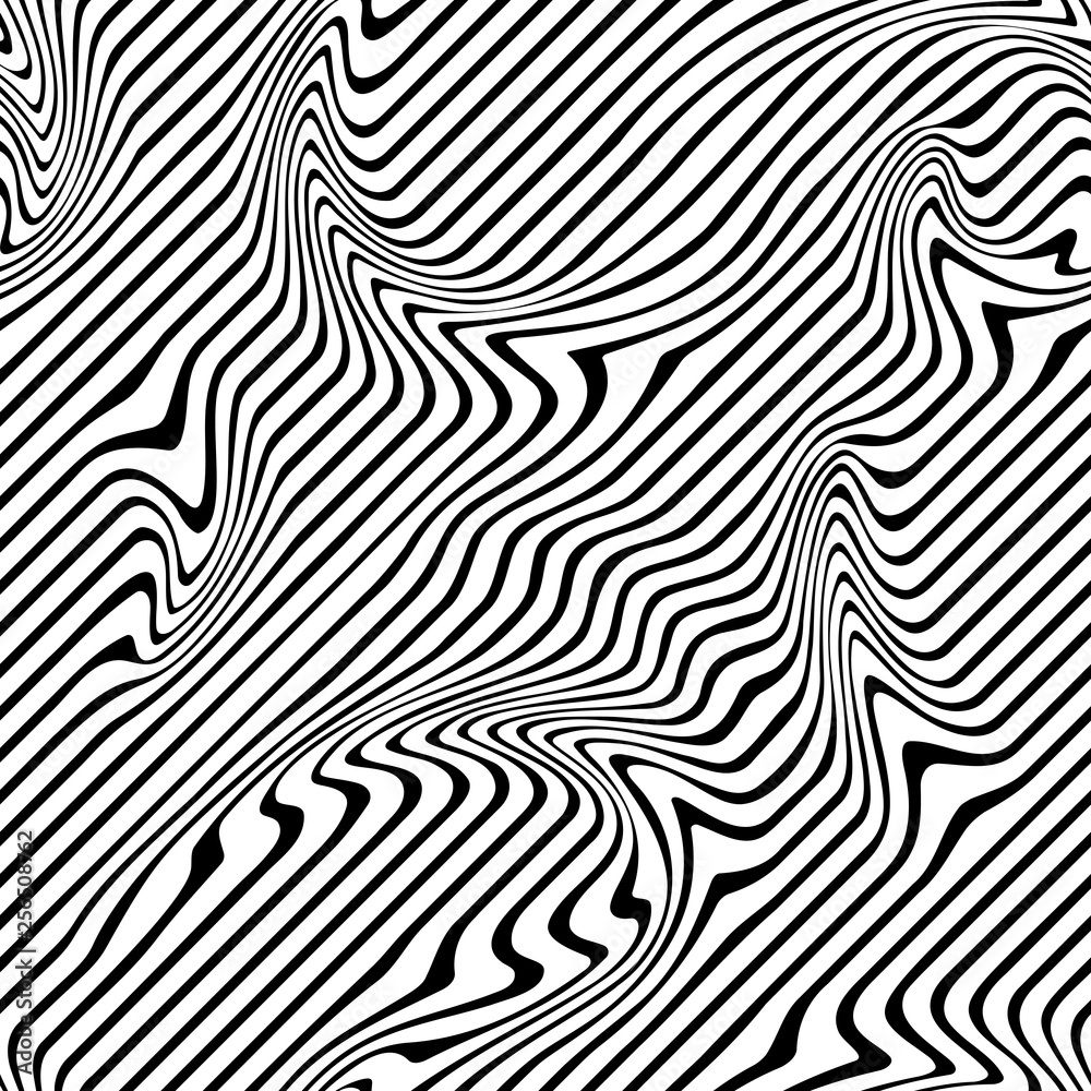 Curve Random Chaotic Lines Abstract Geometric Pattern Texture, Modern, Contemporary Art Illustration with Black White Striped Lines