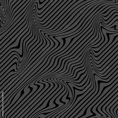 Abstract Illustration of Black and Gray Striped Background with Geometric Pattern and Visual Distortion Effect. Op art.