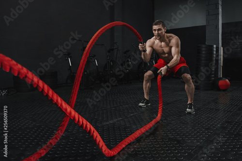 Slika na platnu Crossfit battle ropes exercise during atlete training at the workout gym