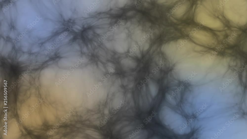 dark ghostly fibers move on the surface of the blue yellow background