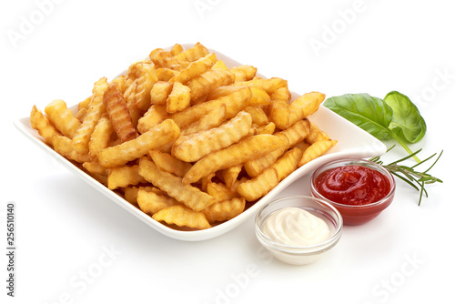 Potato fry, French fried potato fries with tomato sauce and mayonnaise, close-up, isolated on white background