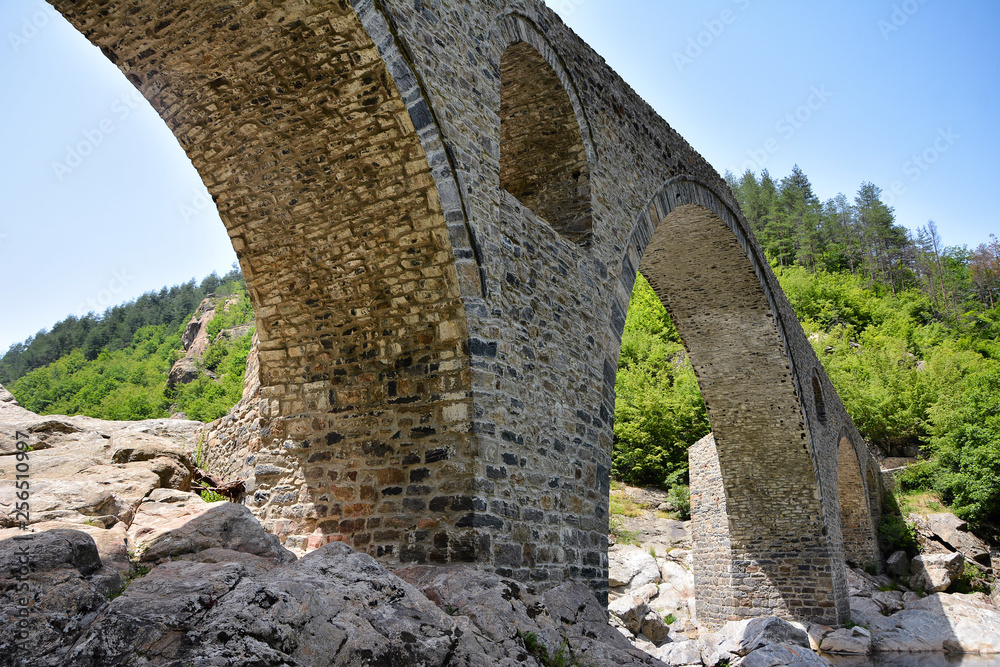 Devil's bridge, Bulgaria. Ancient stone bridge over Arda river, spring time. Rhodope mountain