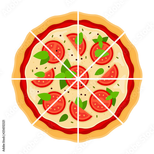 Pizza Margarita cut into pieces flat icon vector isolated