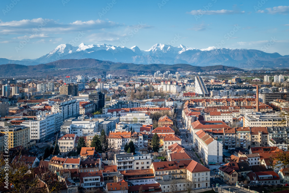 View from castle over Ljubljana to mountain range Kamnik–Savinja Alps