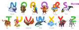 Zoo alphabet. Funny animals, 3d vector icons set. Letters N - Z Part 2. Narwhal, owl, parrot, quokka, rooster, stork, tiger, unicorn, vampire bat, whale, x-ray fish, yak, zebra