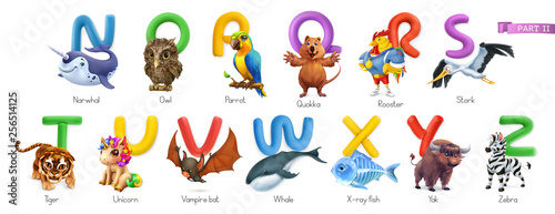 Zoo alphabet. Funny animals  3d vector icons set. Letters N - Z Part 2. Narwhal  owl  parrot  quokka  rooster  stork  tiger  unicorn  vampire bat  whale  x-ray fish  yak  zebra