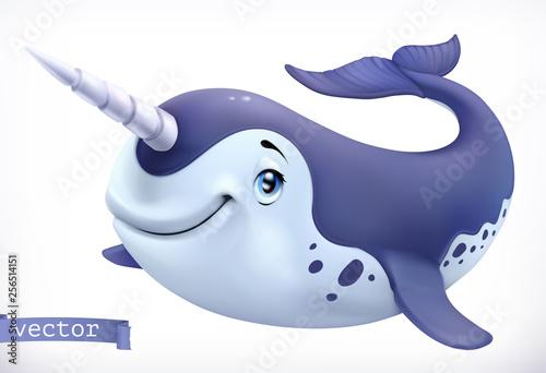 Narwhal cartoon character. Funny animal, 3d vector icon