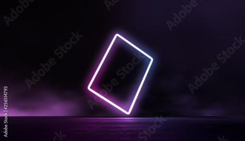 Glowing lines vibrant colors abstract background. Neon pink blue lights in empty space with smoke. 3d render.