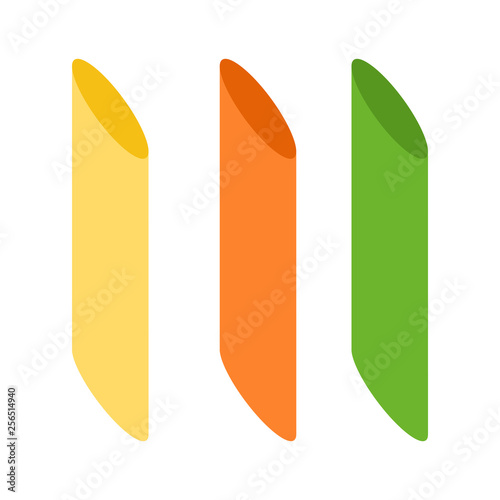 Three penne macaroni vertically flat icon vector isolated