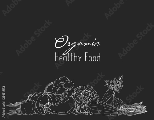 Poster with hand drawn vegetables on a chalkboard background.