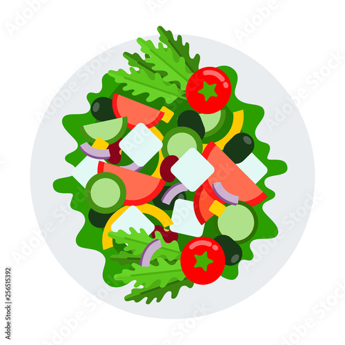 Vegetable salad with feta cheese top view vector flat isolated