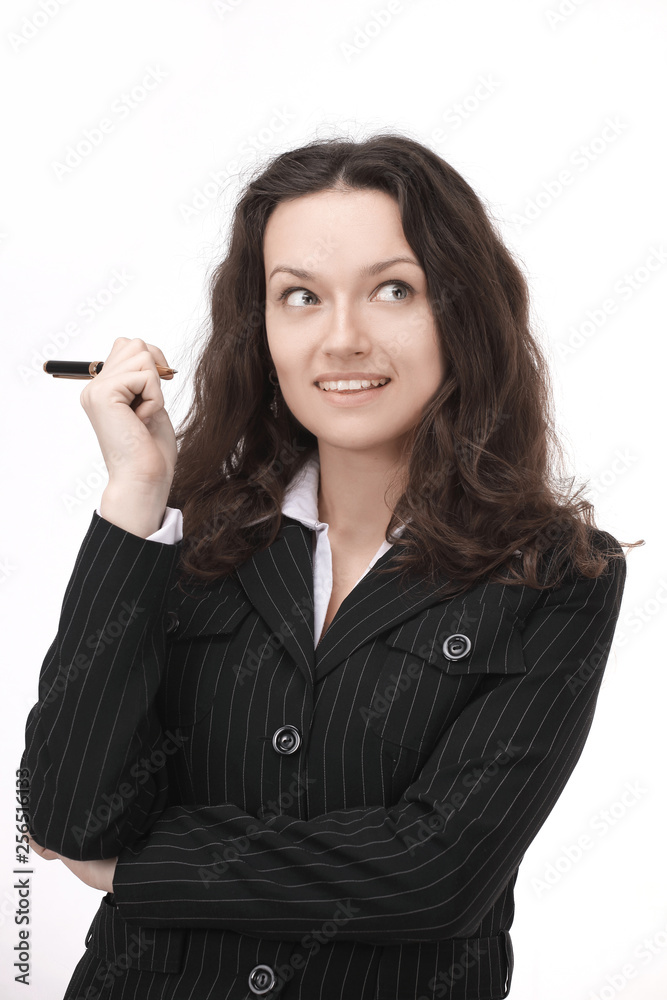 beautiful business woman pointing with pen on copy space beautiful business woman pointing with pen on copy space