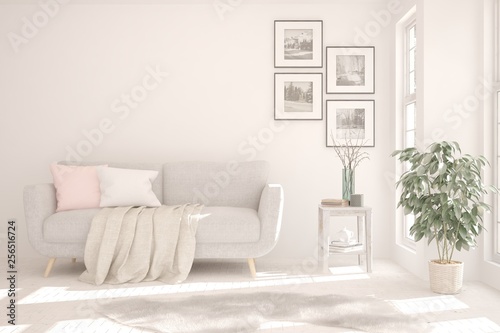 White stylish minimalist room with sofa. Scandinavian interior design. 3D illustration © AntonSh