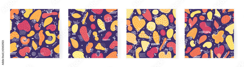 Set of vector seamless patterns with hand drawn abstract shapes. Spotted and textured figures. Unique design. Creative background. Freehand style. Wallpaper, textile, wrapping, print on clothes