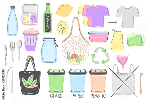 Set of isolated hand drawn zero waste objects. Eco lifestyle. Save planet. Care of nature. Vegan. No plastic. Go green. Refuse, reduce, reuse, recycle, rot. Unique design. Vector illustration, eps10