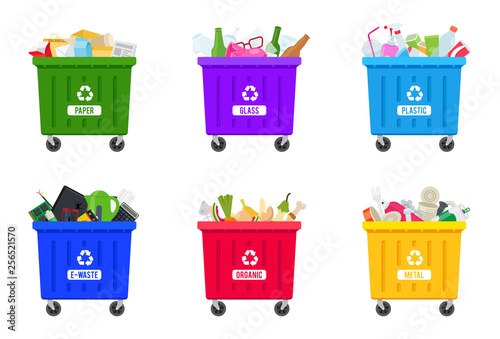 Trash containers with sorted trash: e-waste, paper, glass, plastic, organic, metal. Trash bins full of trash. Flat vector illustration, isolated on white.